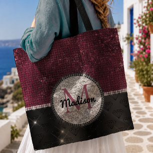 Tote Bag Chic faux paillettes argent Burgundy Noir monogram
