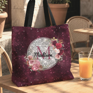 Tote Bag Chic faux paillettes argent monogramme floral bord