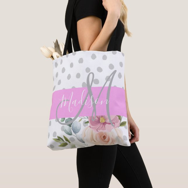 Tote Bag Chic & Féminin Fleurs Blanc Rose Gris Monogramme N (De près)