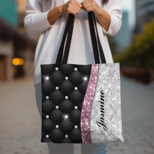 Tote Bag Chic fille faux paillettes argent noir rose monogr