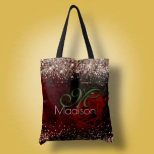 Tote Bag Chic fleur rouge faux or parties scintillant monog