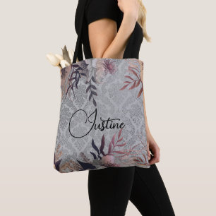 Tote Bag Chic Floral Argent Damask Personnalisé