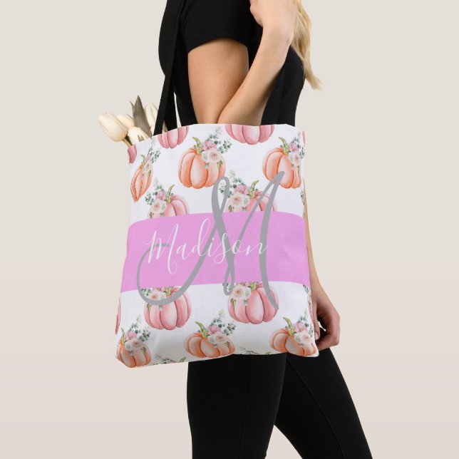 Tote Bag Chic Floral Blanc rose Pêche Citrouille Nom du mon (De près)
