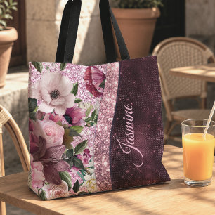 Tote Bag Chic floral bordeaux rose violet pailleté monogram