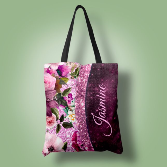 Tote Bag Chic floral Bourgogne rose violet parties scintill (Créateur téléchargé)
