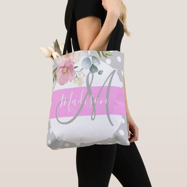 Tote Bag Chic & Girly Floral Blanc Rose Gris Monogram Nom (De près)
