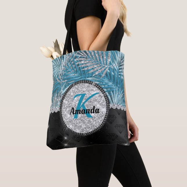 Tote Bag Chic girly turquoise aqua parties scintillant feui (De près)