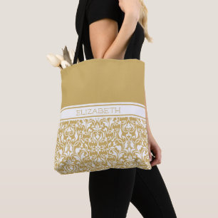 Tote Bag Chic Gold et blanc Damask Personnalisé