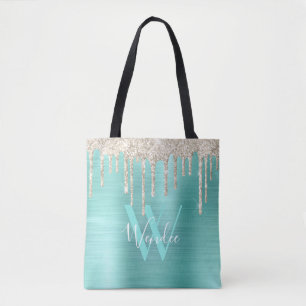 Tote Bag Chic Gold Turquoise Parties scintillant Monogramme