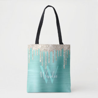 Tote Bag Chic Gold Turquoise Parties scintillant Monogramme