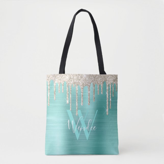 Tote Bag Chic Gold Turquoise Parties scintillant Monogramme (Devant)