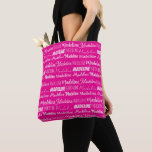 Tote Bag Chic Hot Pink Personalized Name Collage<br><div class="desc">Hot pink name collage allover tote bag for a birthday girl decorated in nine different fonts spelling a custom name in white. Chic personalized girly gift wrap with fun typography.</div>