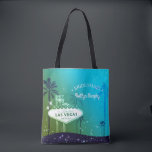 Tote Bag Chic Las Vegas Mariage Bridesmaid Cadeau<br><div class="desc">Belle illustration du panneau de Las Vegas, palmiers, étoiles scintillantes et arrière - plan bleu cyan conçu sur des sacs-cadeaux personnalisés Bridesmaids. Gardez votre saké parfait pour votre mariage à thème Las Vegas, douche nuptiale, fête d'anniversaire, fiançailles ou fête de bachelorette. (Vous pouvez trouver les essentiels et les faveurs mariages...</div>