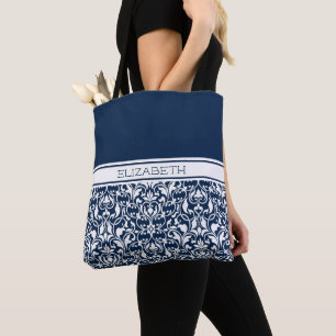 Tote Bag Chic Marine bleu et blanc Damas Personnalisé