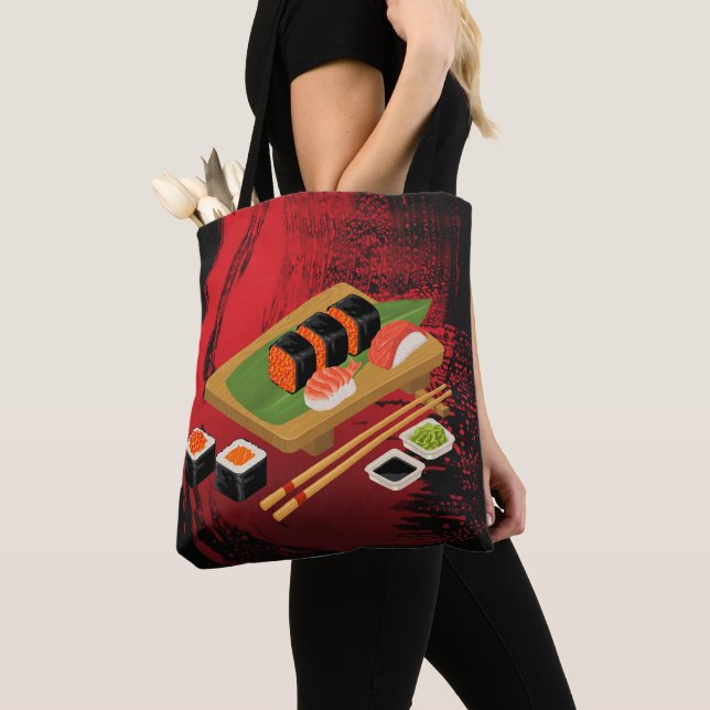 Tote Bag Chic Moderne élégant Sushi noir & rouge (De près)