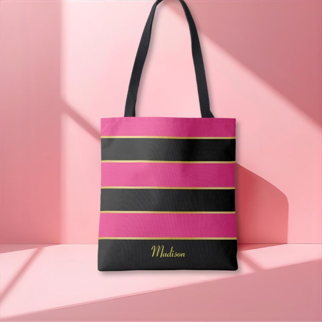 Tote Bag Chic moderne rose noir rayures modèle avec nom (Créateur téléchargé)