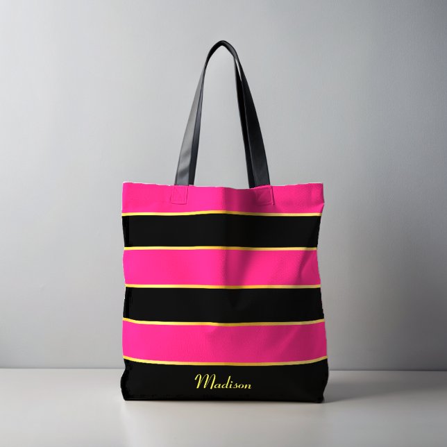 Tote Bag Chic moderne rose noir rayures modèle avec nom (Créateur téléchargé)