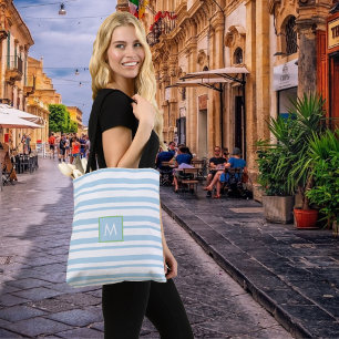 Tote Bag Chic Monogramme Bleu clair et blanc rayé
