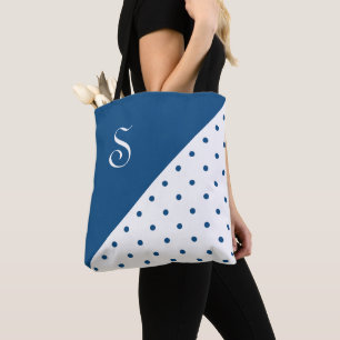 Tote Bag Chic Monogramme Bleu Polka Pot Géométrique