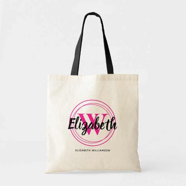 Tote Bag Chic Monogramme initiale rose chaud Écriture Nom (Devant)