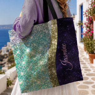 Tote Bag Chic monogramme iridescent violet bleu faux paille