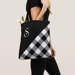 Tote Bag Chic Monogramme Noir Blanc Buffalo Check Géométr