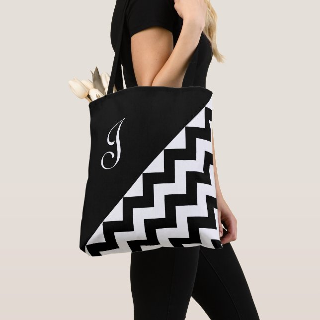 Tote Bag Chic Monogramme noir blanc Motif Zigzag géométriqu (De près)