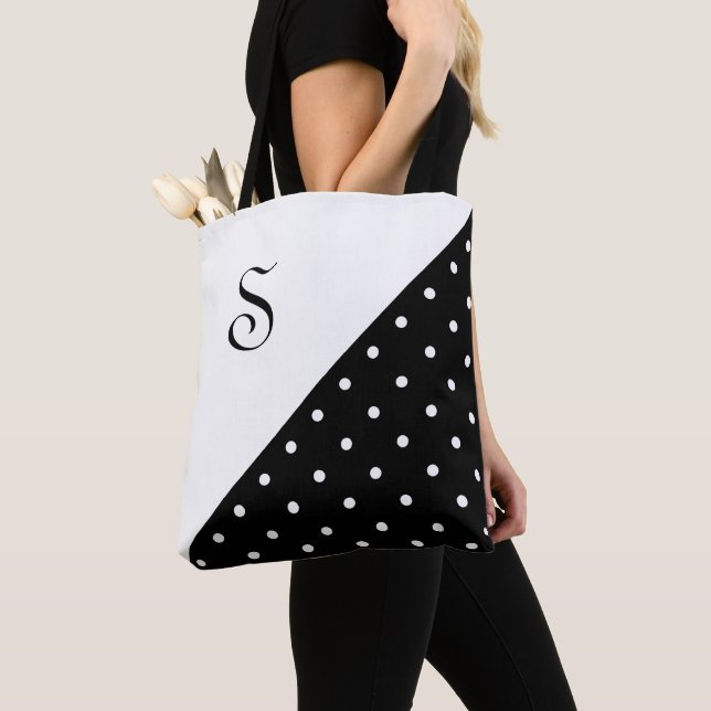 Tote Bag Chic Monogramme noir blanc Polka point (De près)