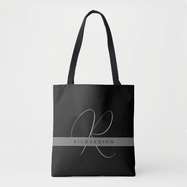 Tote Bag Chic Monogramme Nom initial Charcoal Grey Black (Devant)