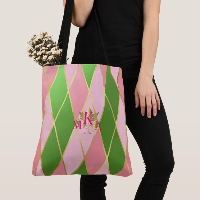 Tote Bag Chic Monogrammed rose et Jacquard vert (De près)