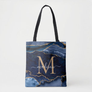 Tote Bag Chic Navy Blue Gold Agate Geode Feminine Monogramm