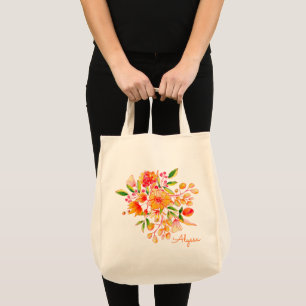 Tote Bag Chic Orange Floral Personnalisé Aquarelle Élégant