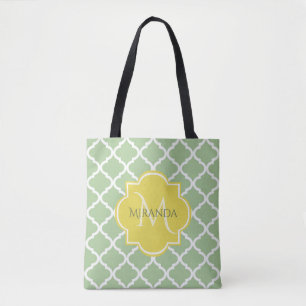Tote Bag Chic Pastel Green Quatrefoil Jaune Nom Monogramme