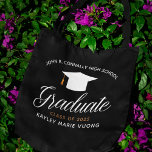 Tote Bag Chic Personnalisé Graduate Class of 2025 Noir<br><div class="desc">Ce sac fourre-tout moderne de finition senior moderne et personnalisé noir présente une typographie chic blanche et or sous un nom de lycée ou de collège pour la classe de 2025. Customisez avec votre année de graduation sous la belle calligraphie pour un grand cadeau diplômé personnalisé.</div>
