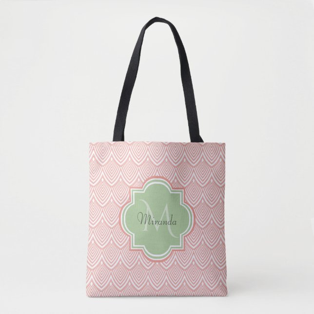Tote Bag Chic Pink Arched Scallops Soft Green Monogramme No (Devant)