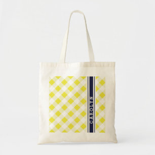 Tote Bag chic preppy jaune marine en vichy motif monogramme