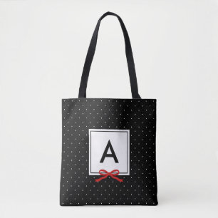 Tote Bag Chic Red Ribbon Black Polka Dot Motif Monogramme
