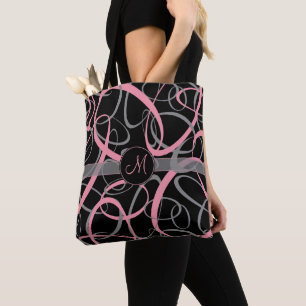 Tote Bag Chic rose et gris sur noir loopy rétro monogramme