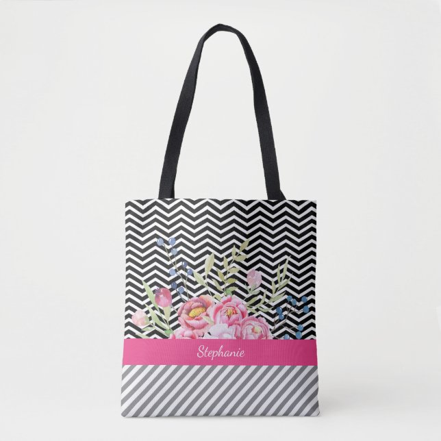 Tote Bag Chic rose floral Chevron noir et blanc et nom (Devant)