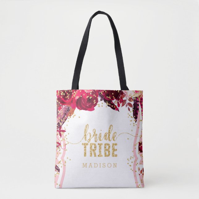 Tote Bag Chic rose florale rayures or Confetti Bride tribu (Devant)