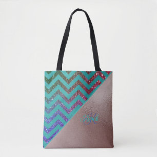 Tote Bag Chic Rose Gold Glittery Chevron Turquoise Green Na