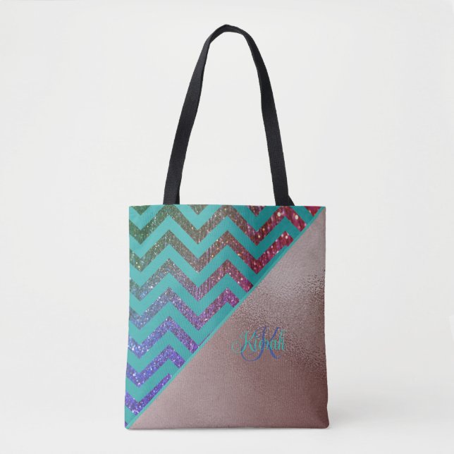 Tote Bag Chic Rose Gold Glittery Chevron Turquoise Green Na (Devant)