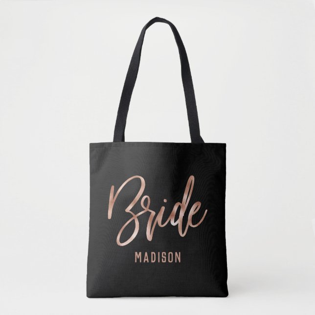 Tote Bag Chic Rose Gold Typographie moderne Mariée Monogram (Devant)