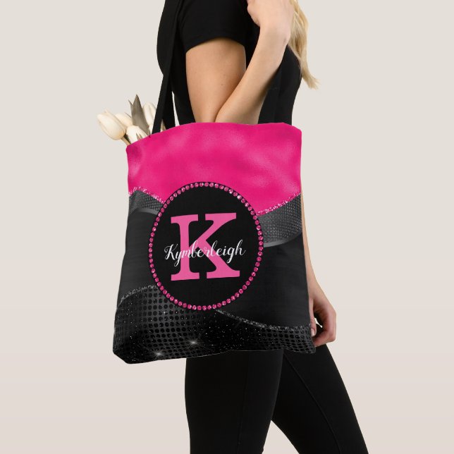Tote Bag Chic Rose Noir Gris Vagues Glam Monogramme Nom (De près)