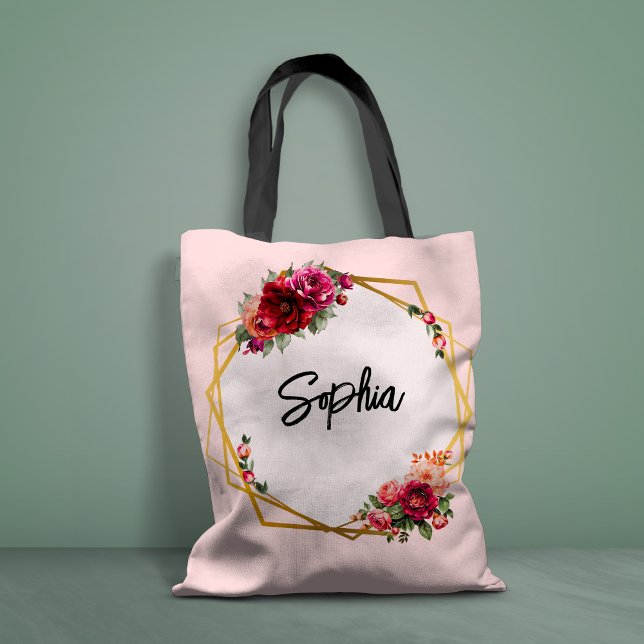 Tote Bag Chic rouge rose floral et faux mariage or (Créateur téléchargé)