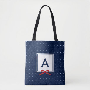 Tote Bag Chic Rouge Ruban bleu Polka Motif Monogramme