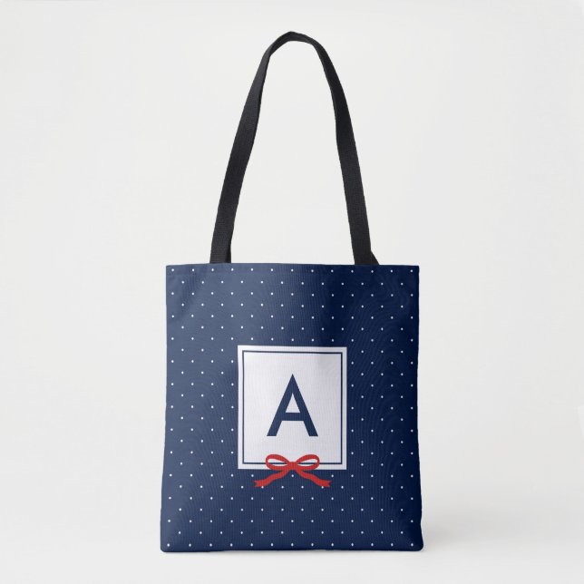 Tote Bag Chic Rouge Ruban bleu Polka Motif Monogramme (Devant)