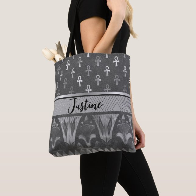 Tote Bag Chic Silver Ankh Cross égyptien Lotus Personnalisé (De près)