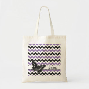 Tote Bag Chic Vintage Papillon Purple Grey Chevron Motif