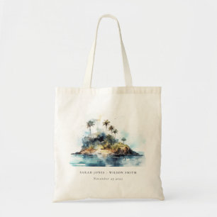 Tote Bag Chic Watercolor Seascape Palm Tree Island Mariage